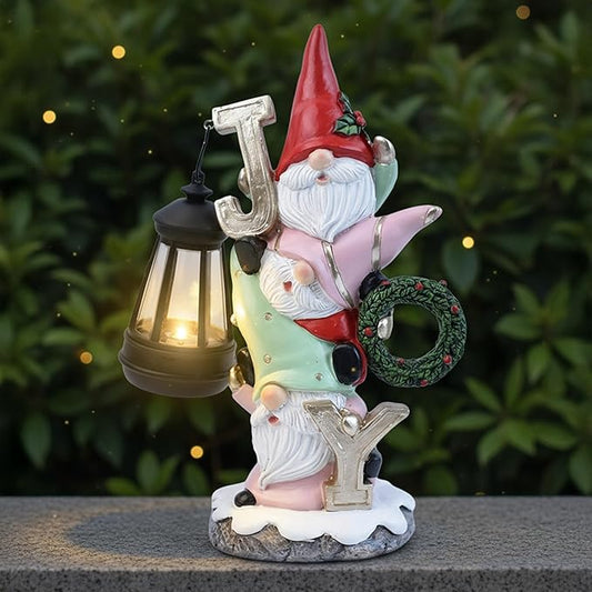 Garden Gnome Statue with Solar Lights, Funny Triple Gnome Holding Joy Outdoor Resin Sculptures Decor for Home Patio Lawn Yard Porch Balcony, Housewarming Birthday Gifts