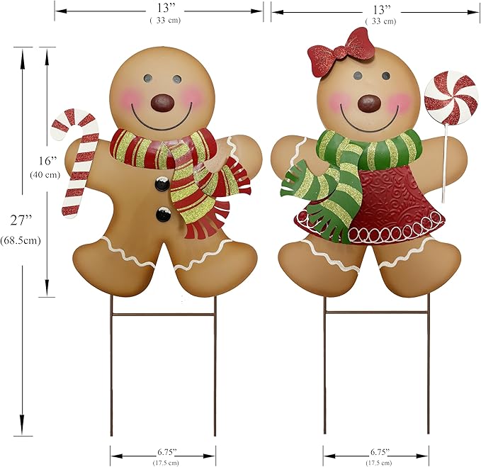 Outdoor Christmas Decorations,27" H Large Gingerbread Boy and Girl Metal Yard Stakes,Set of 2, Rustic Winter Signs for Lawn Garden,Patio, Pathway & Front Yard,Farmhouse Porch Outside