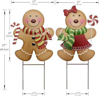 Outdoor Christmas Decorations,27" H Large Gingerbread Boy and Girl Metal Yard Stakes,Set of 2, Rustic Winter Signs for Lawn Garden,Patio, Pathway & Front Yard,Farmhouse Porch Outside