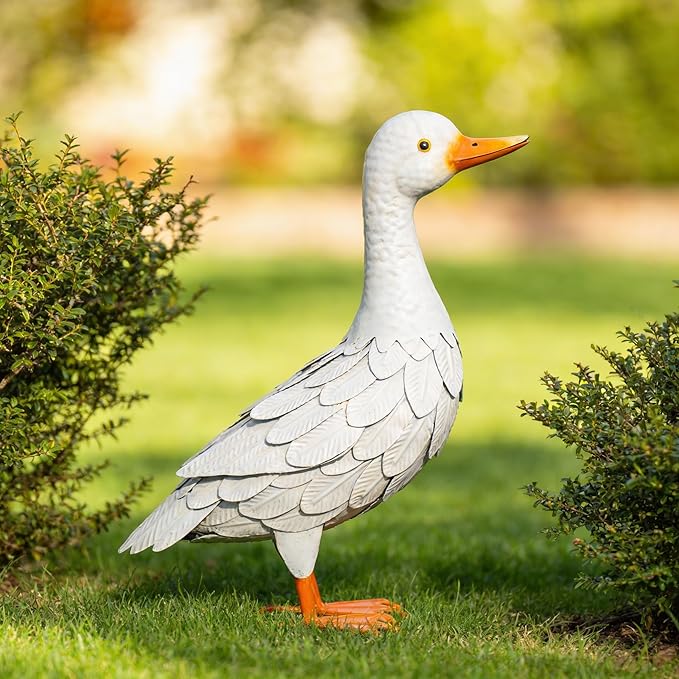 Shorayn Metal Duck Garden Statue, Life-Size Iron Mallard, Handmade White Duck Yard Decor, Indoor Outdoor Ornament, Gift for Housewarming/Mother’s Day/Christmas
