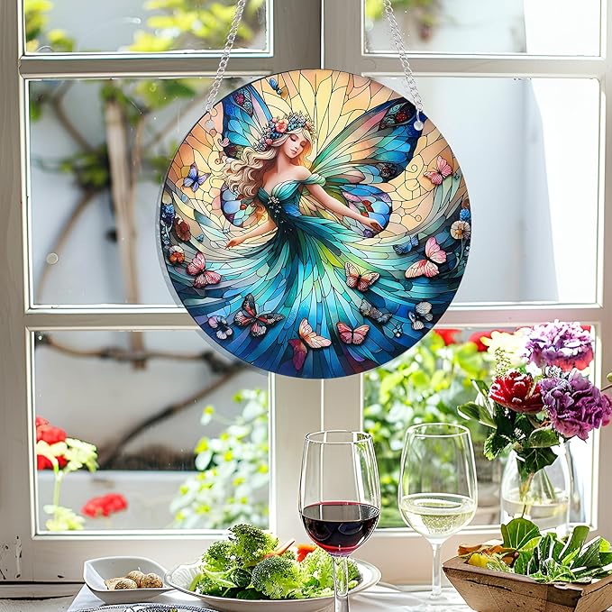 Butterfly Girl Fairy Suncatcher Acrylic Flower Fairy Window Hanging Stained Sun Catchers Indoor Window Decor with Chain Home Garden Decoration 7.8 inch YKA188 (C)