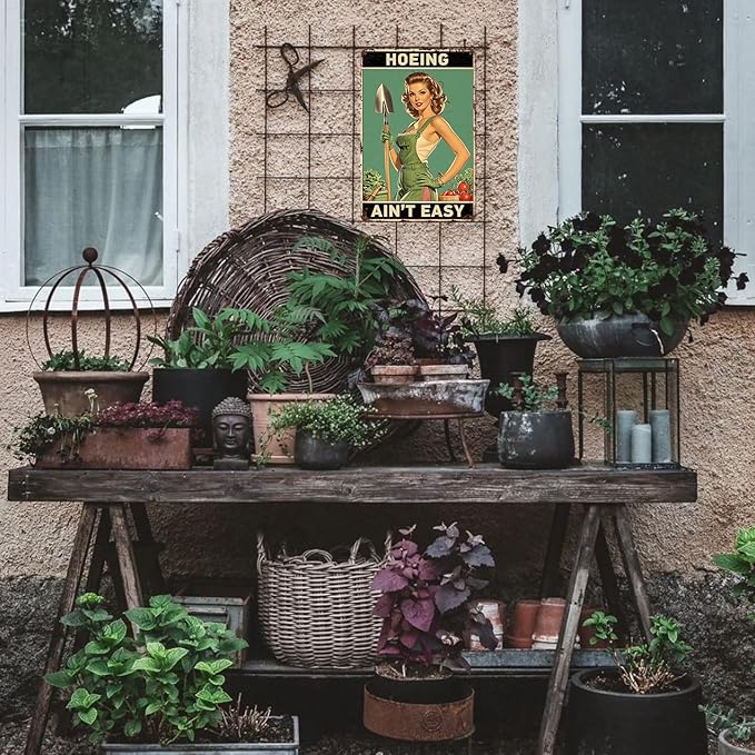 Garden Signs for Outside Hoeing Ain't Easy Tin Sign Funny Yard Decor Vintage Metal Garden Sign Gifts for Gardeners 8x12 Inch