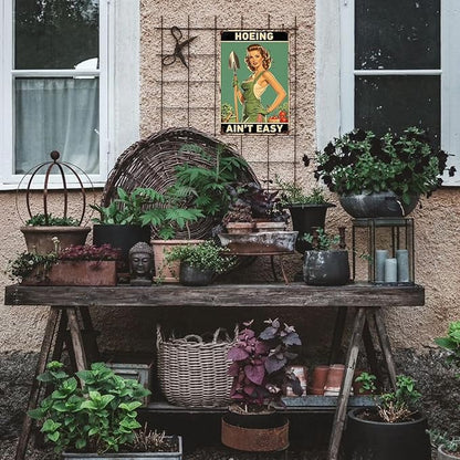 Garden Signs for Outside Hoeing Ain't Easy Tin Sign Funny Yard Decor Vintage Metal Garden Sign Gifts for Gardeners 8x12 Inch