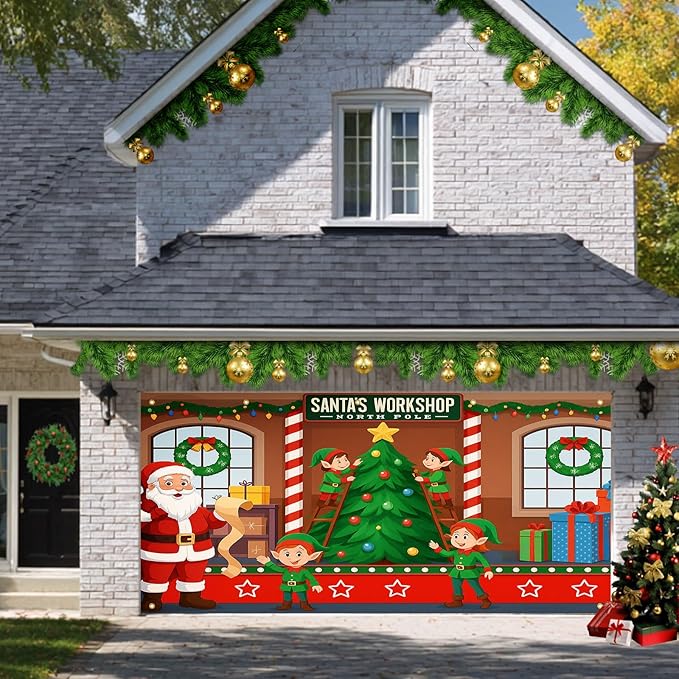 HOMETITUTE Christmas Garage Door Banner 13x6ft Santas Workshop Elves Santa Claus Theme Backdrop Banners for Outside Inside Winter Door Cover Garage Wall Covering for Party Garage Decorations