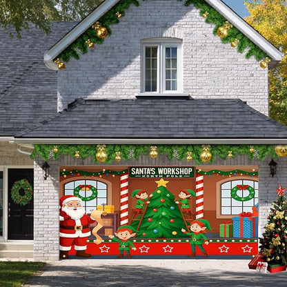 HOMETITUTE Christmas Garage Door Banner 13x6ft Santas Workshop Elves Santa Claus Theme Backdrop Banners for Outside Inside Winter Door Cover Garage Wall Covering for Party Garage Decorations