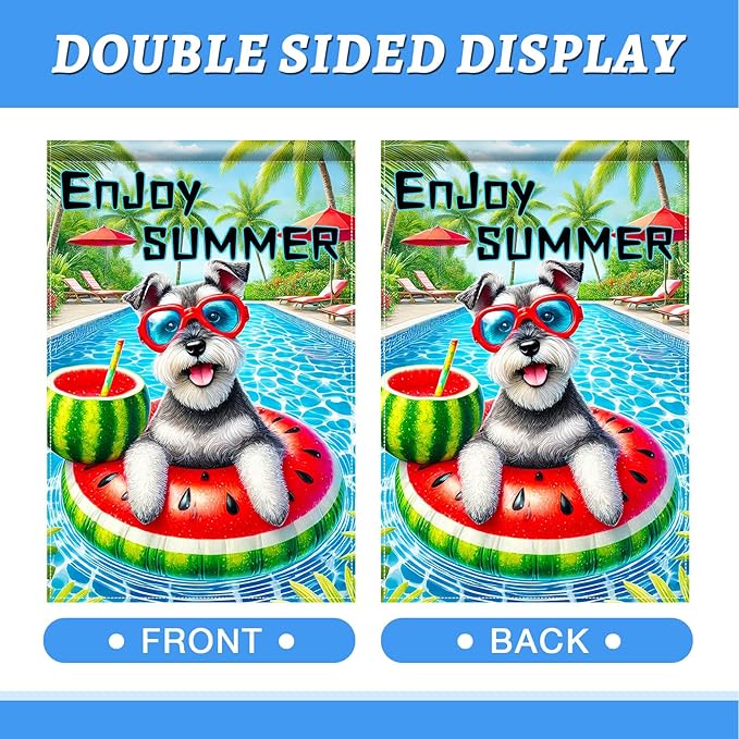HOMETITUTE Hello Summer Garden Flag Schnauzer Dog 12X18 Inch Print Double Sided Cute Puppy Decorative Yard Flag Banner Poolside Patio Decor Banner Outside Seasonal Holiday Outdoor Decoration