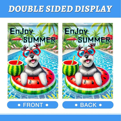 HOMETITUTE Hello Summer Garden Flag Schnauzer Dog 12X18 Inch Print Double Sided Cute Puppy Decorative Yard Flag Banner Poolside Patio Decor Banner Outside Seasonal Holiday Outdoor Decoration