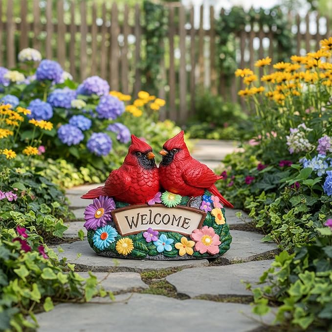 Solar Garden Statues 5.3" Couple Red Cardinal Figurines with Welcome Sign Waterproof Flower Garden Decor LED Lights for Outdoor Yard Patio Lawn Gifts for Mother Grandma Wife Sister Women