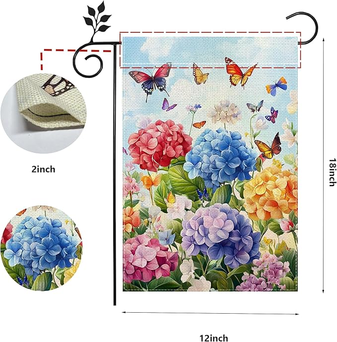 Hydrangea Garden Flag 12x18 Double Sided, Spring Summer Floral Welcome Yard Decor, Farmhouse Outdoor Flag for Lawn Patio Porch