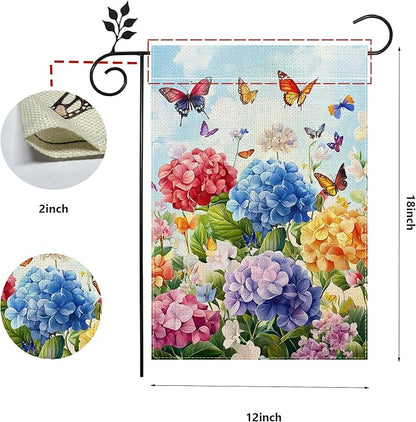 Hydrangea Garden Flag 12x18 Double Sided, Spring Summer Floral Welcome Yard Decor, Farmhouse Outdoor Flag for Lawn Patio Porch