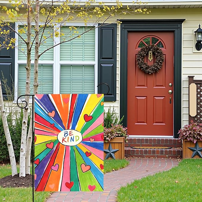 Be Kind Garden Flag Colorful Positive Message Outdoor Yard Flags Rainbow Heart Art House Banner for Teachers Schools Classrooms Front Porch Patio Community Welcome Kindness Decor 12x18 Inch