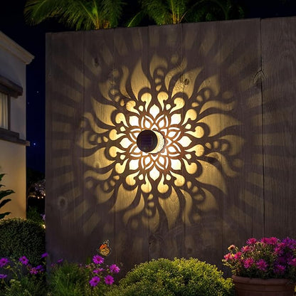 Solar Fence Lights 4 Pack Outdoor Deck Step Wall Lights Metal Waterproof LED Warm Yellow Light for Garden Post Patio Backyard Yard Decor (Mandala-2, 4)