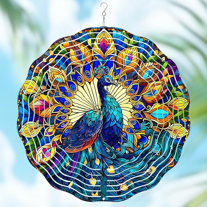 Wazzio Peacock Wind Spinners Outdoor, Peacock Gifts for Women Wife Mom Grandma, Hanging Wind Spinners for Christmas Thanksgiving, 12 inch Outdoor Indoor Hanging Ornament for Garden Porch Backyard