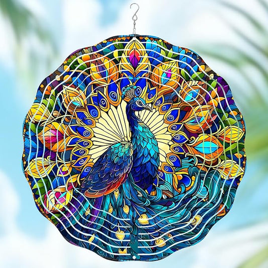 Wazzio Peacock Wind Spinners Outdoor, Peacock Gifts for Women Wife Mom Grandma, Hanging Wind Spinners for Christmas Thanksgiving, 12 inch Outdoor Indoor Hanging Ornament for Garden Porch Backyard