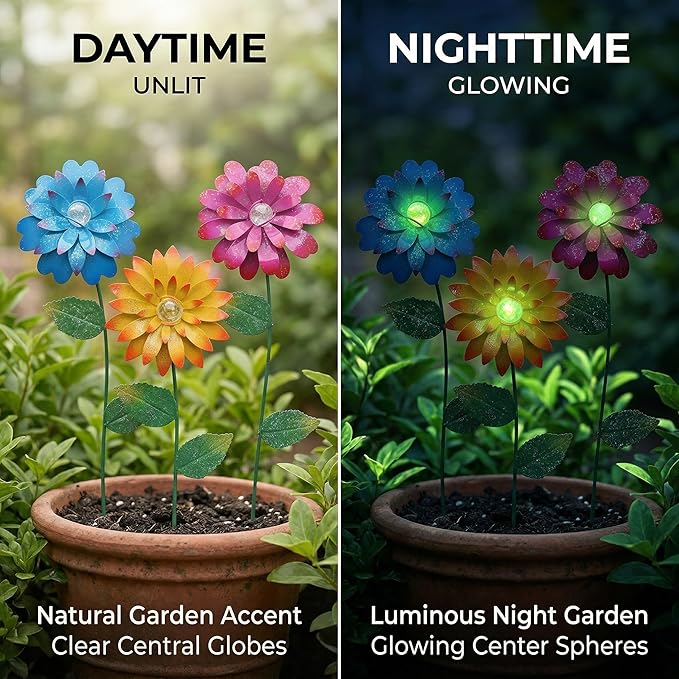 TZSSP 3-Pack Floral Garden Stakes Decor Tricolor Outdoor Glow in Dark,14 inch Metal Flowers Outdoor Decor Waterproof Metal Flower Sticks for Patio, Lawn, Yard Decorations