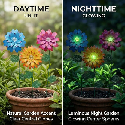TZSSP 3-Pack Floral Garden Stakes Decor Tricolor Outdoor Glow in Dark,14 inch Metal Flowers Outdoor Decor Waterproof Metal Flower Sticks for Patio, Lawn, Yard Decorations
