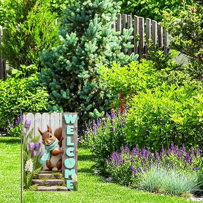 Spring Summer Welcome Flag with 12x18 inch ，Squirrel Design, Decorative Outdoor Double-Sided Banner with Purple Tulips and Mint Letters, Seasonal Home Yard Decor