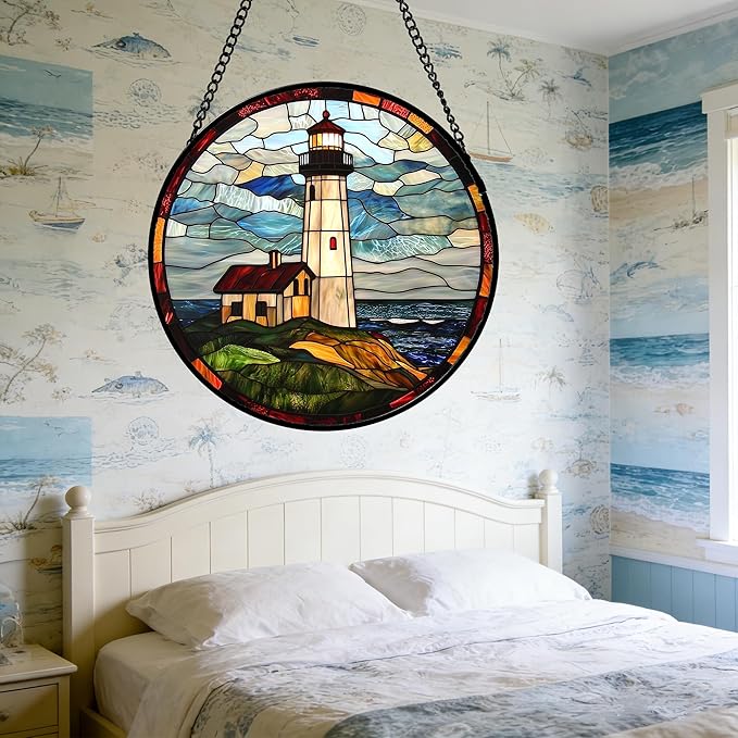 DASTOLL Stained Glass Window Hanging, Ocean Lighthouse Sun Catchers Glass Panel Blue Green Suncatcher Decor for Birthday for Women, Men, Wife, Aunt, and Mom 9.8 in