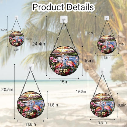 Stained Glass Window Hanging - Flamingo Wildflowers Landscape Suncatcher for Door Terrace Garden Home Decor Sunset Lake Sun Catcher Birthday Gifts for Lovers Women Men Dad Mom Nana 6.3 in