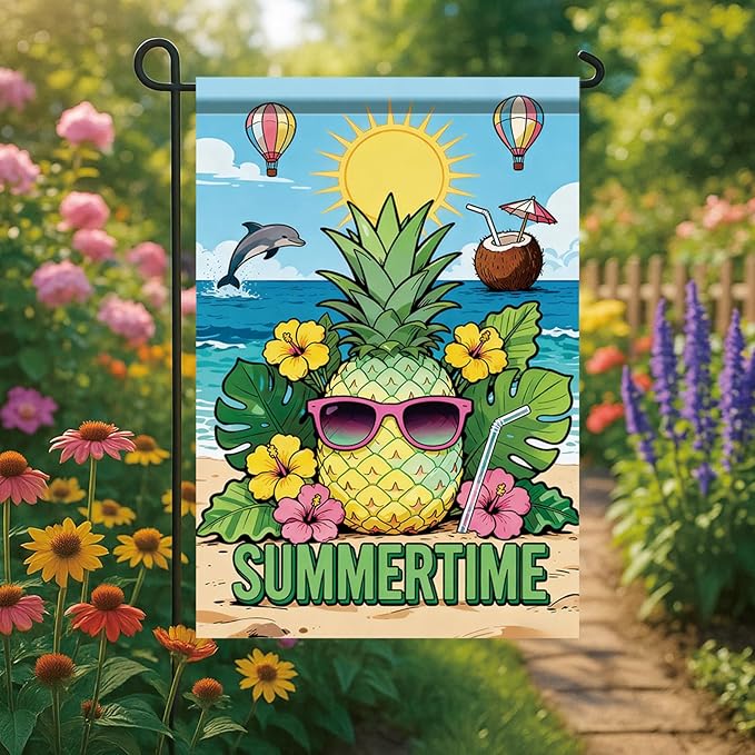 Summertime Pineapple Garden Flag Tropical Beach Sunglasses Outdoor Yard Porch Lawn Garden Decor for Summer Coastal Ocean Patio Pool Party Seasonal Home Display