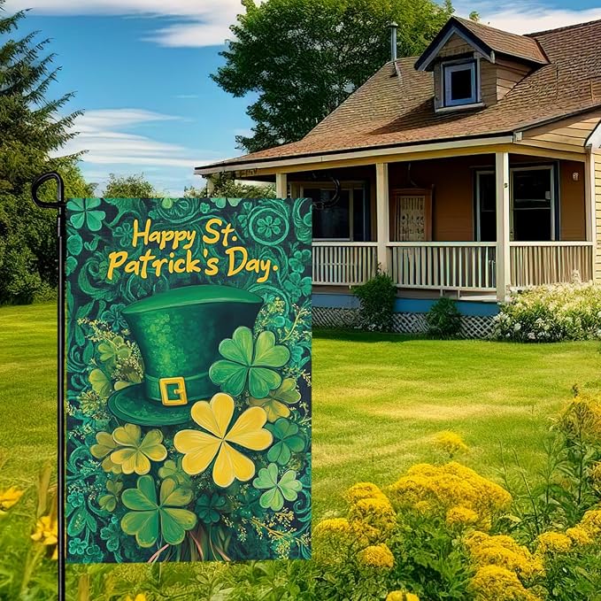 Happy St. Patrick's Day Shamrock Garden Flag Double Sided 12 x 18 Inch Green Hat with Clovers Decorative Garden Yard Flags for Home Decor