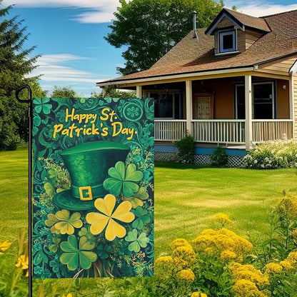 Happy St. Patrick's Day Shamrock Garden Flag Double Sided 12 x 18 Inch Green Hat with Clovers Decorative Garden Yard Flags for Home Decor