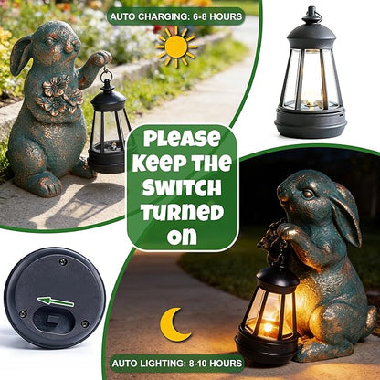 Solar Garden Statues, Resin Bunny Statue w/Flower, Waterproof Figurine Rabbit Solar Latern for Outside Yard Outdoor Home Patio Lawn, Animal Lights for Adults Women Birthday Easter Gifts