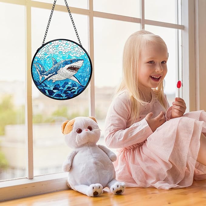 Blue Ocean Beach Shark Suncatchers Stained Glass Window Hanging, Shark Decor Sun Catchers Indoor Window Glass Round Wall Decor, Coastal Beachy Wall Hanging Decorations, 7.9x7.9in