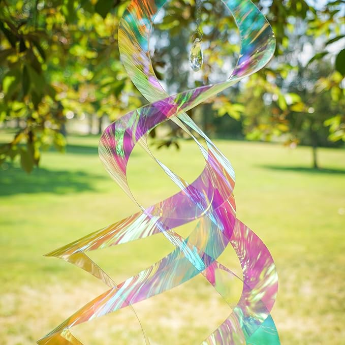 In the Breeze 9155 — Iridescent Mylar Spin Quartet with Crystal — Suncatcher Wind Spinner for Yards and Gardens with Plastic Crystal, Humane Animal Deterrent…