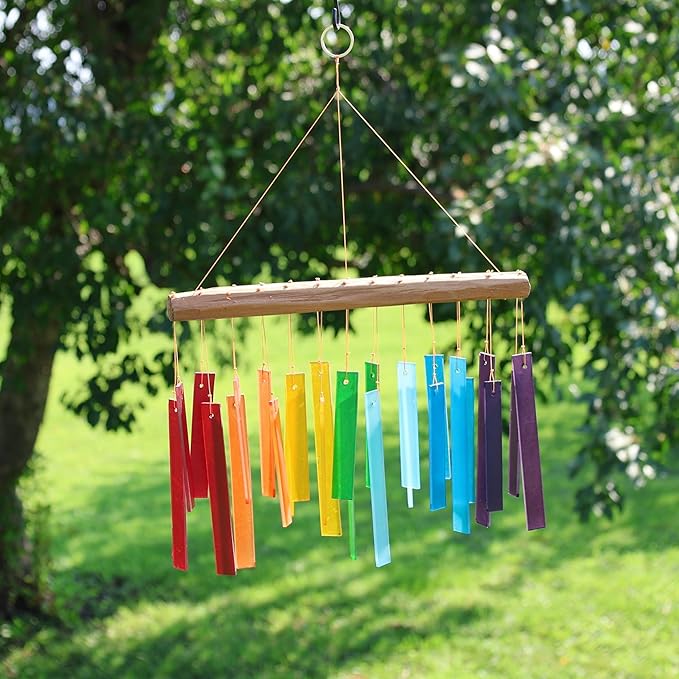 Blue Handworks Color Spectrum Glass and Driftwood Chime - Sandblasted Glass and Found Wood Hand Crafted Wind Chime