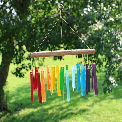 Blue Handworks Color Spectrum Glass and Driftwood Chime - Sandblasted Glass and Found Wood Hand Crafted Wind Chime