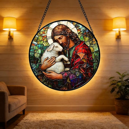 DASTOLL Stained Glass Window Hanging, Jesus Little Lamb Sun Catchers Colorful Glass Panel Christianity Suncatcher Decor for Birthday for Women, Men, Wife, Aunt, and Mom 6.3 in