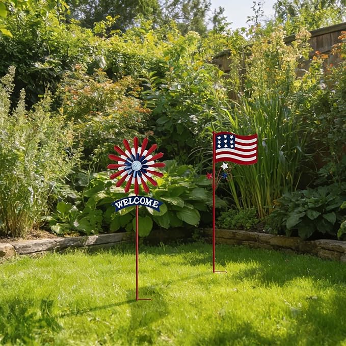 A ANLEOLIFE Decorative Garden Stakes for Outside, Metal Garden Decor Rustic American Flag and Welcome Sign, Yard Stakes Indoor & Outdoor Patio Lawn