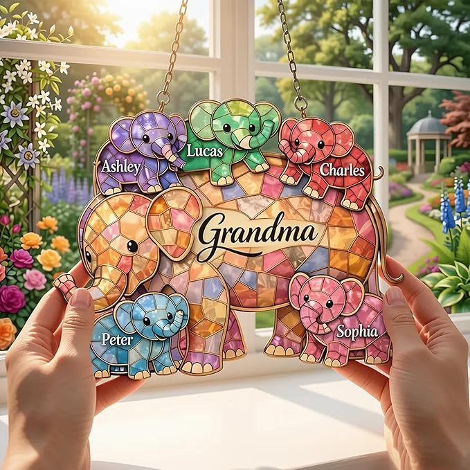 Personalized Grandma Elephant Stained Glass Suncatcher, Custom Grandchildren Names Window Hanging Ornament, Elephant Family Mother’s Day Keepsake, Colorful Home Decor for Grandma