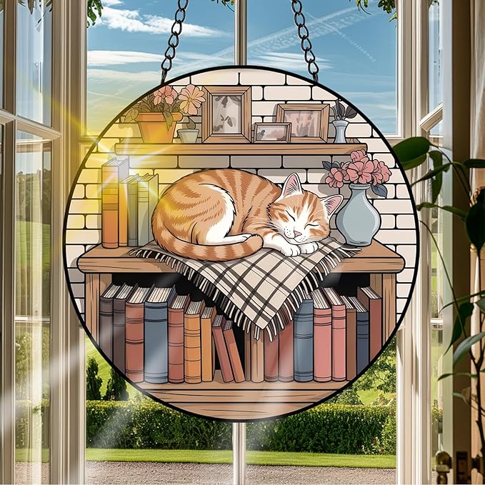 VAIIEYO Cat Sun Catcher Stained Glass Window Hanging Ornament, Handmade Bookshelf Sun Catcher Animal Decoration with Hooks for Window Garden Home, Mother's Day & Birthday Housewarming Gift (7.8 inch)