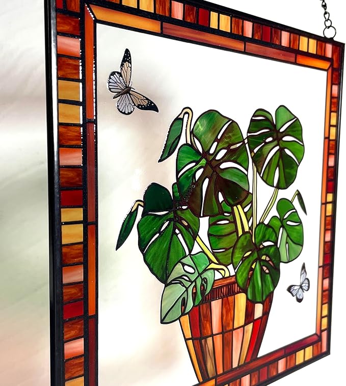 Monstera and Butterflies Stained Glass Suncatcher Panel 7.8x7.8 inches Square Window Hanging Panel for Home Decor Handcrafted Real Glass Window Art for Wall or Garden