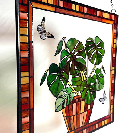 Monstera and Butterflies Stained Glass Suncatcher Panel 7.8x7.8 inches Square Window Hanging Panel for Home Decor Handcrafted Real Glass Window Art for Wall or Garden