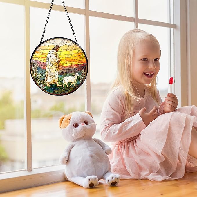 Christian Gifts for Women, Easter Jesus and Lamb Christian Suncatchers Stained Glass Window Hanging, Jesus Religious Sun Catchers Indoor Window Glass Round Wall Decor, 7.9x7.9in