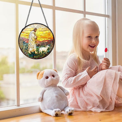 Christian Gifts for Women, Easter Jesus and Lamb Christian Suncatchers Stained Glass Window Hanging, Jesus Religious Sun Catchers Indoor Window Glass Round Wall Decor, 7.9x7.9in
