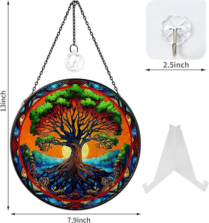 Tree of Life Stained Glass Suncatcher,Heart Shape Tree of Life Window Hanging Decor,Handmade Glass Sun Catcher with Crystal Prism, for Mom Housewarming Birthday Home Decor(7.8 in)