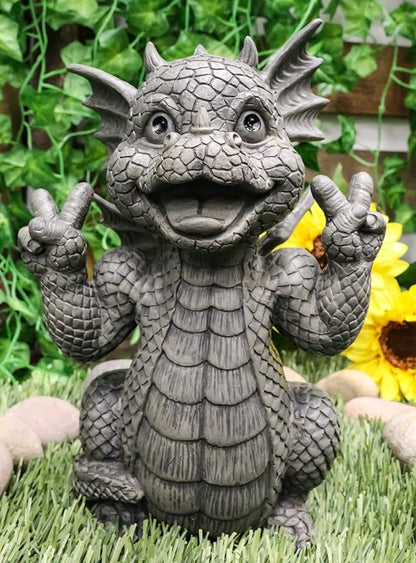 Ebros Whimsical Garden Dragon with Hippie Peace Sign Gesture Statue 10.5" Tall Cute Baby Dragonling Smiling Wide Faux Stone Resin Finish Figurine Home Decor Sculpture