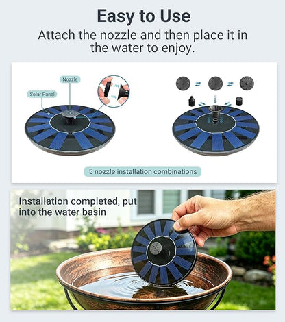 Solar Bird Bath Fountain Pump 6.3" Larger Size, 7V 1.4W Floating Solar Fountain, 5 Spray Patterns Water Pump for Bird Bath, Pond, Garden & Outdoor Water Features