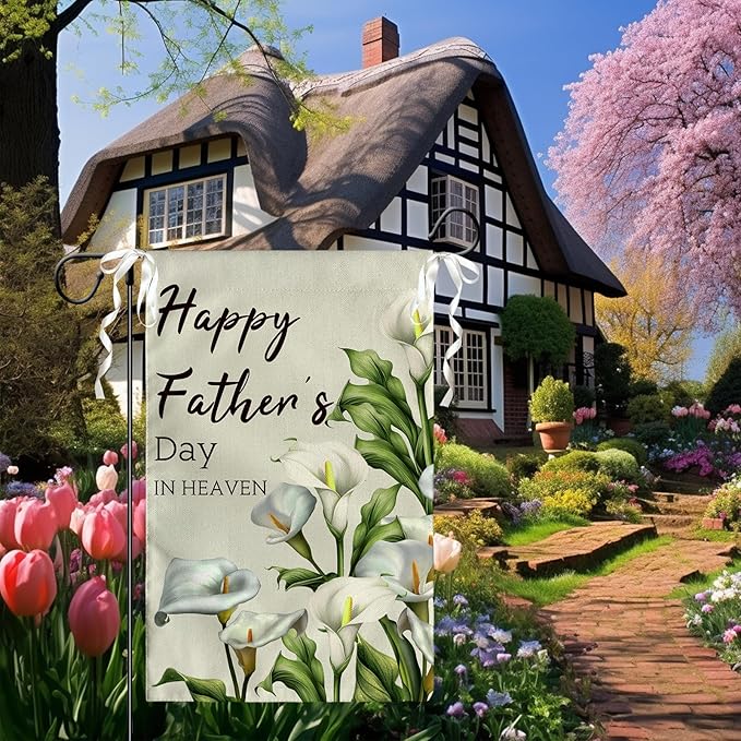Happy Fathers Day in Heaven Garden Flag Calla Lily Floral Burlap Yard Flags Family Dad Daddy Remembrance House Banner Grave Cemetery Garden Flags for Outdoor Decorations 12 X 18 Inches