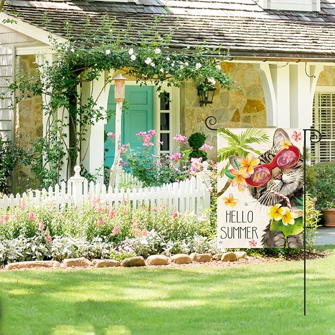 AVOIN colorlife Hello Summer Floral Cat Garden Flag 12x18 Inch Double Sided Outside, Party Holiday Burlap Yard Outdoor Decoration