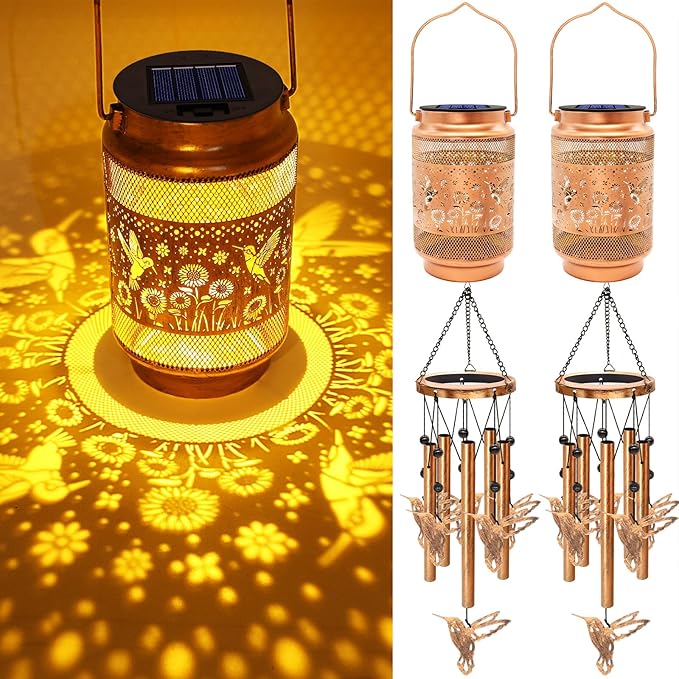 2 Pack Hummingbird Solar Wind Chimes for Outside, Gifts for Mothers Day Mom Women Grandma Birthday Memorial Teacher, 32" Windchimes Outdoor Decor Hanging Solar Lantern for Garden Porch Patio Backyard