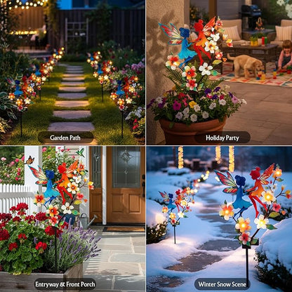 Solar Fairy Garden Stakes - Metal Whimsical Yard Art Decor, Warm LED Lights Waterproof Outdoor Decorative Stakes for Path Patio, Perfect Fairy Gift for Women/Mom(Twin Fairies)