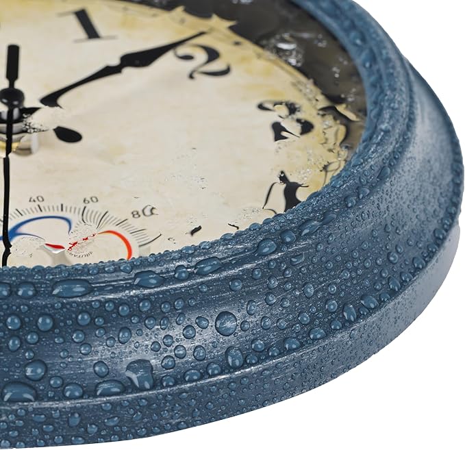 Outdoor Clocks Waterproof with Thermometer Combo Rustic Coastal Beach Wall Clock Decor for Bathroom Patio Pool (8 Inch,Blue)