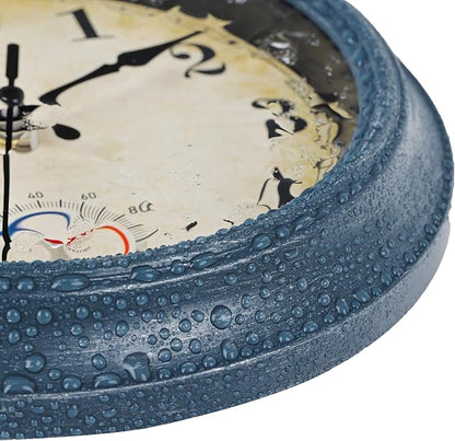 Outdoor Clocks Waterproof with Thermometer Combo Rustic Coastal Beach Wall Clock Decor for Bathroom Patio Pool (8 Inch,Blue)