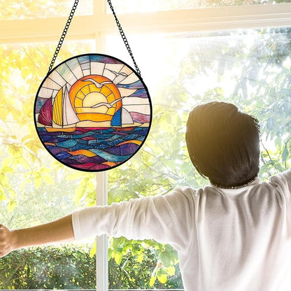 DASTOLL Stained Glass Window Hanging, Sailboat and Waves Suncatcher Diamond Glass Panel Hangings Sun Catchers Decor for Birthday for Women, Men, Wife, Aunt, and Mom 6.3 in