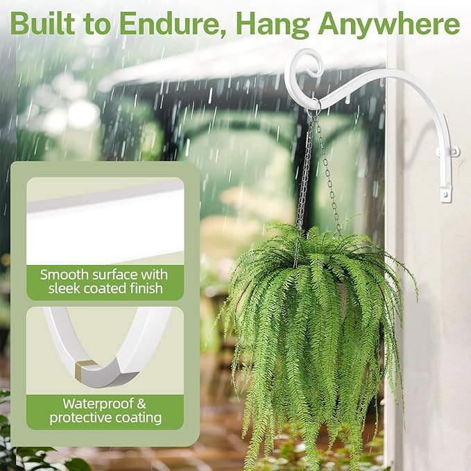 iDavosic.ly Plant Hangers Outdoor 2-Pack, 11.8 Inch Heavy Duty Iron Wall Brackets for Hanging Plants, Baskets, Bird Feeders, Lanterns, Wind Chimes, Indoor Metal Hooks for Garden Porch Patio, White